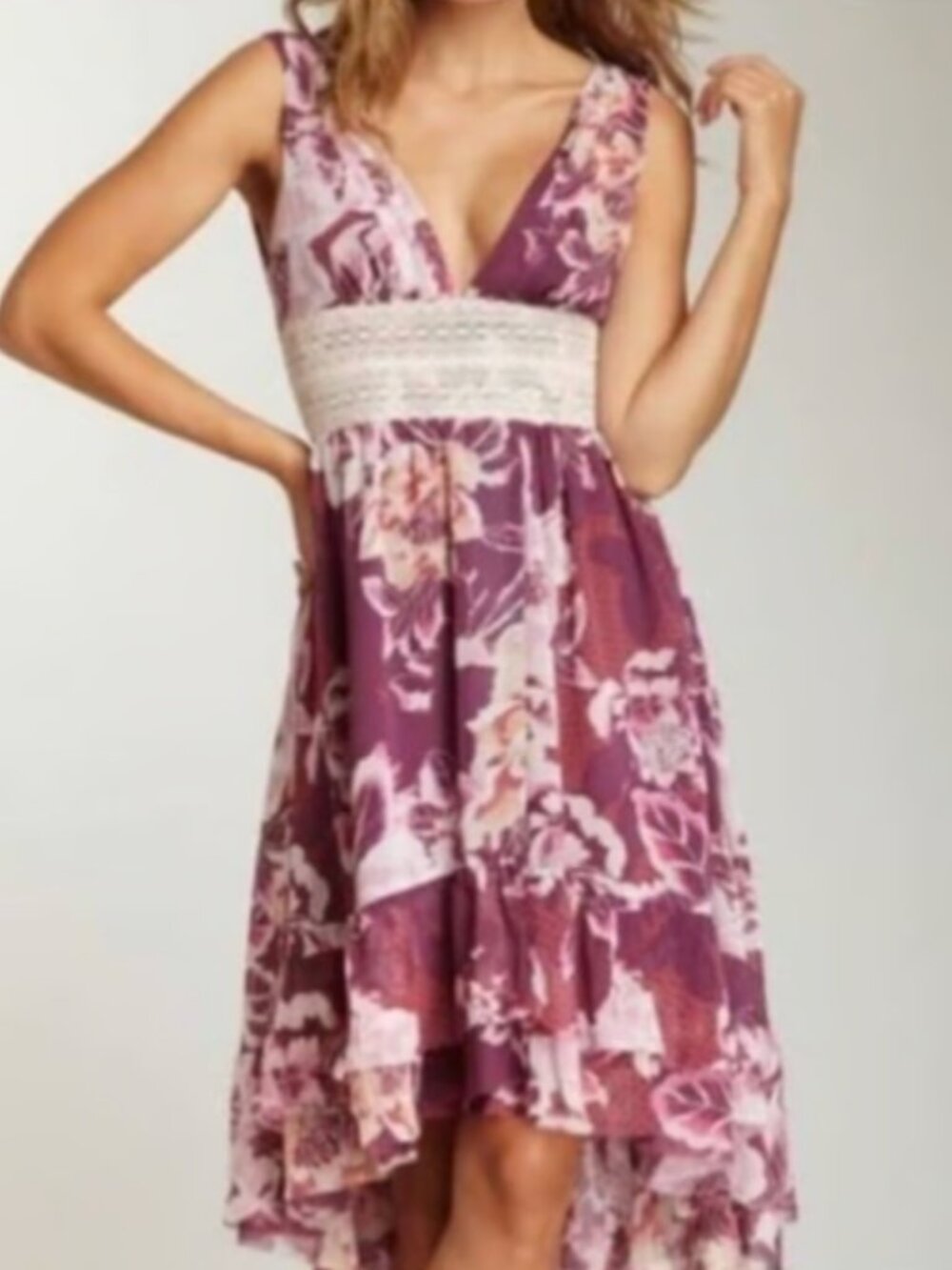 Free people lovely garden in maroon rose crochet waist high low dress size 6